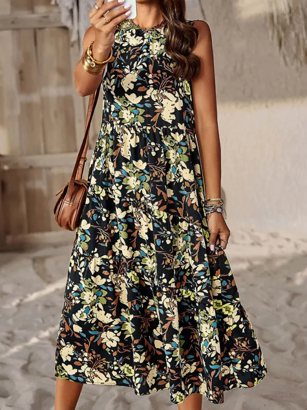 Halter Neck Floral Print Dress with Multi-Layer Design