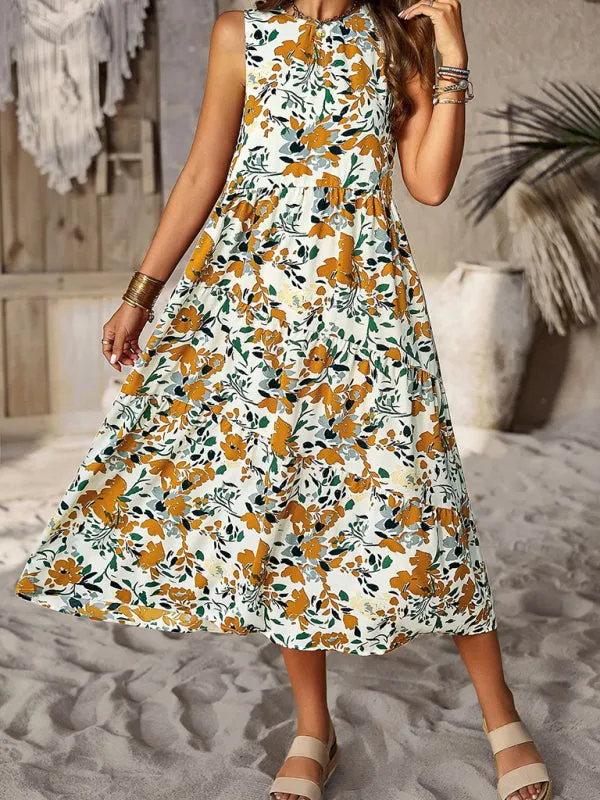 Halter Neck Floral Print Dress with Multi-Layer Design