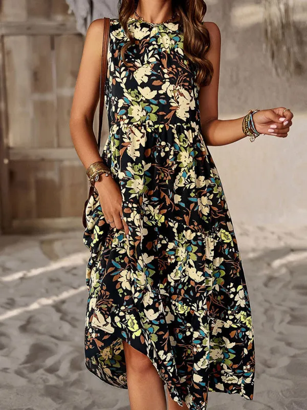 Halter Neck Floral Print Dress with Multi-Layer Design