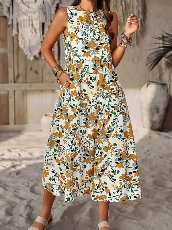 Halter Neck Floral Print Dress with Multi-Layer Design