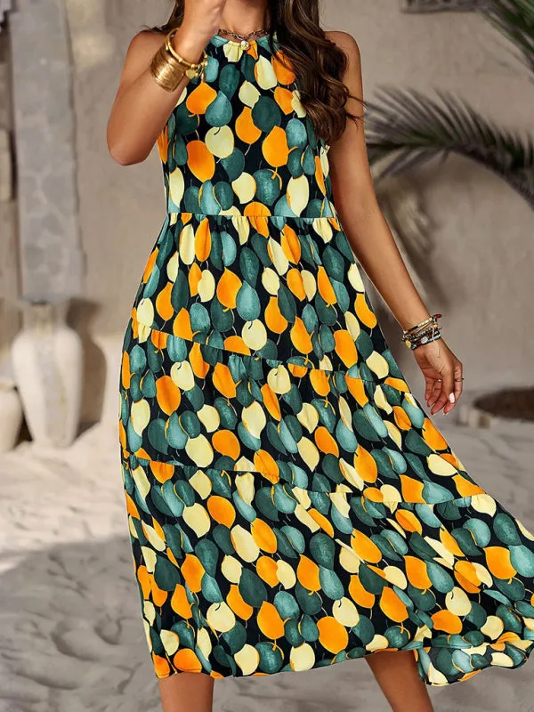 Halter Neck Floral Print Dress with Multi-Layer Design