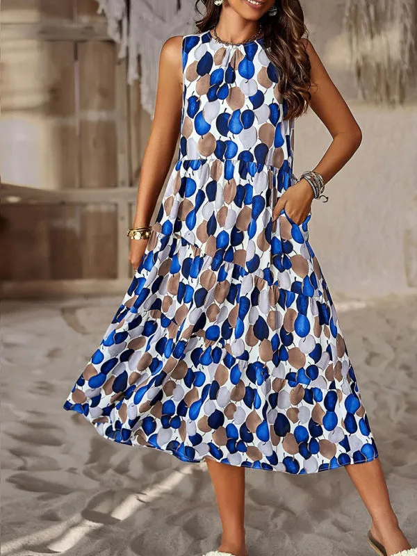Halter Neck Floral Print Dress with Multi-Layer Design