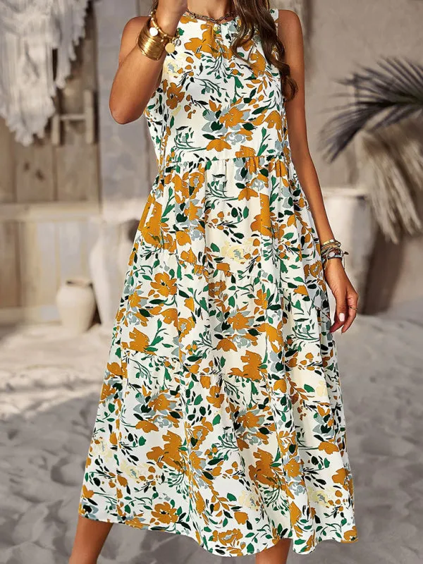 Halter Neck Floral Print Dress with Multi-Layer Design