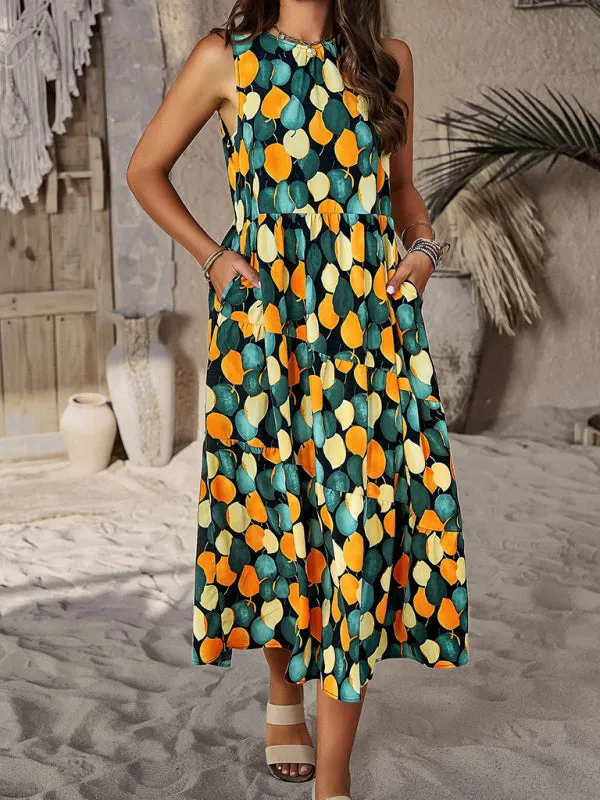 Halter Neck Floral Print Dress with Multi-Layer Design