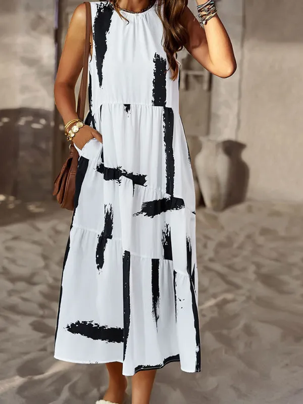 Halter Neck Floral Print Dress with Multi-Layer Design