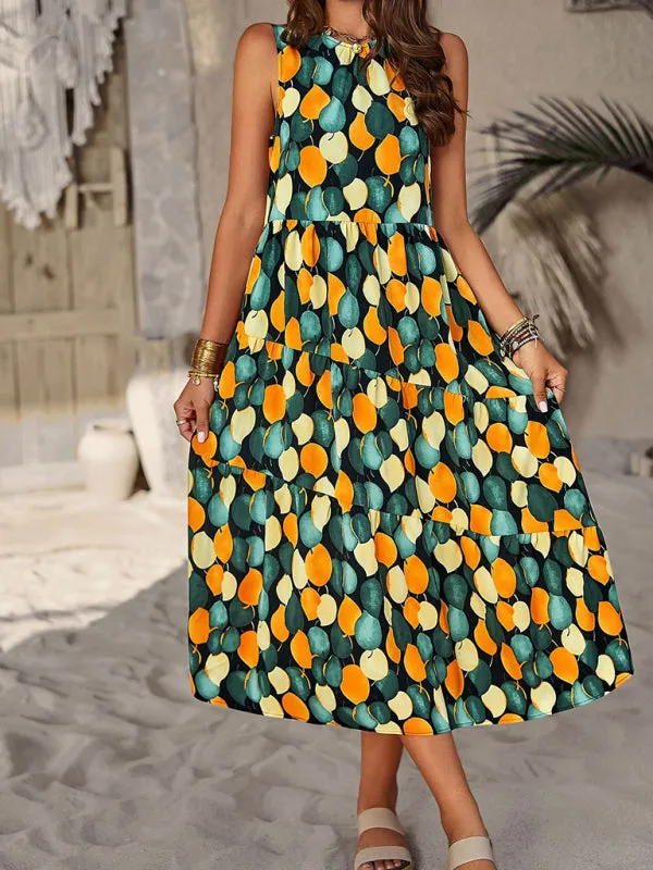 Halter Neck Floral Print Dress with Multi-Layer Design