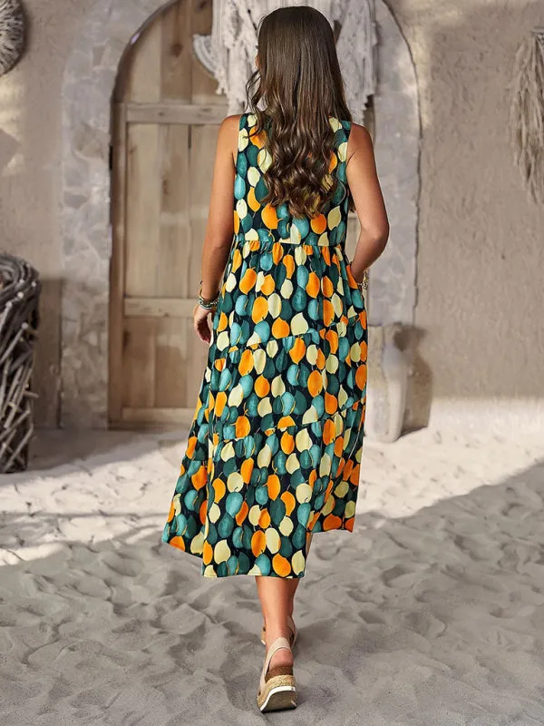 Halter Neck Floral Print Dress with Multi-Layer Design