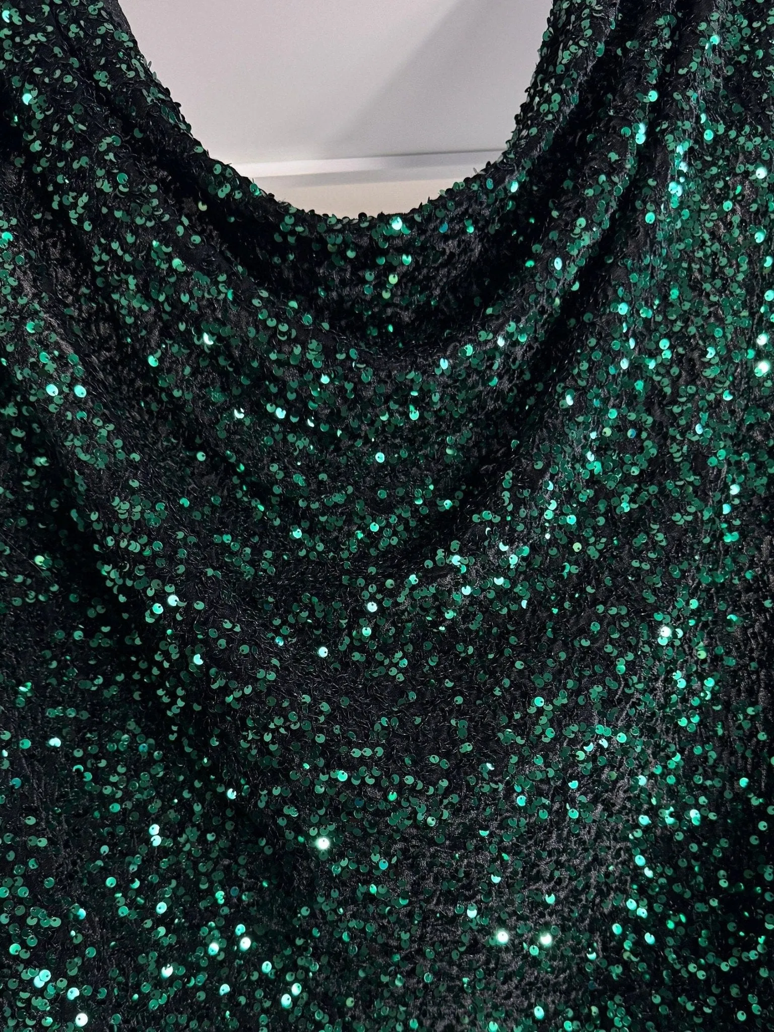 Hunter Green Sequins on Black Stretch Velvet Fabric