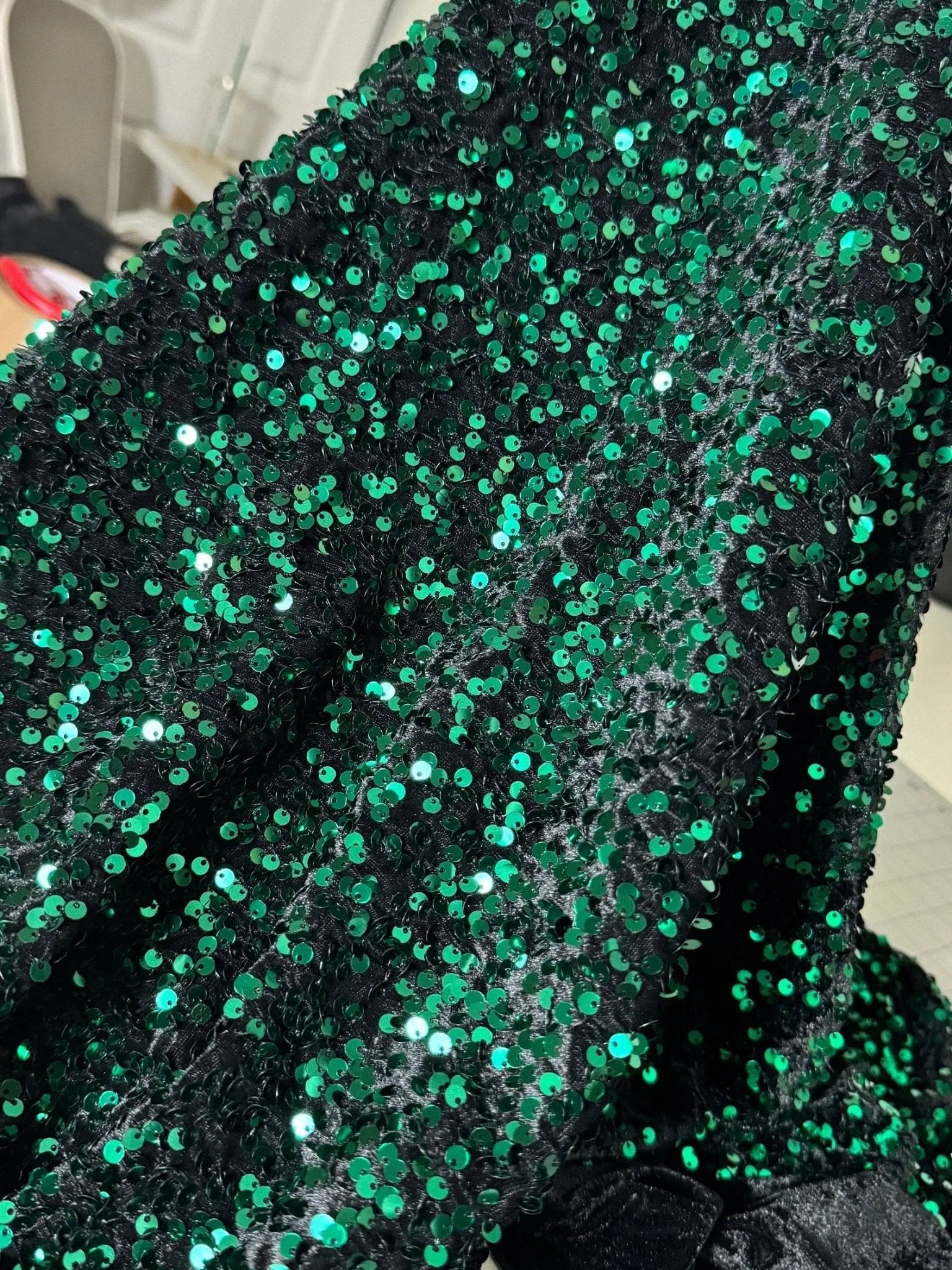 Hunter Green Sequins on Black Stretch Velvet Fabric