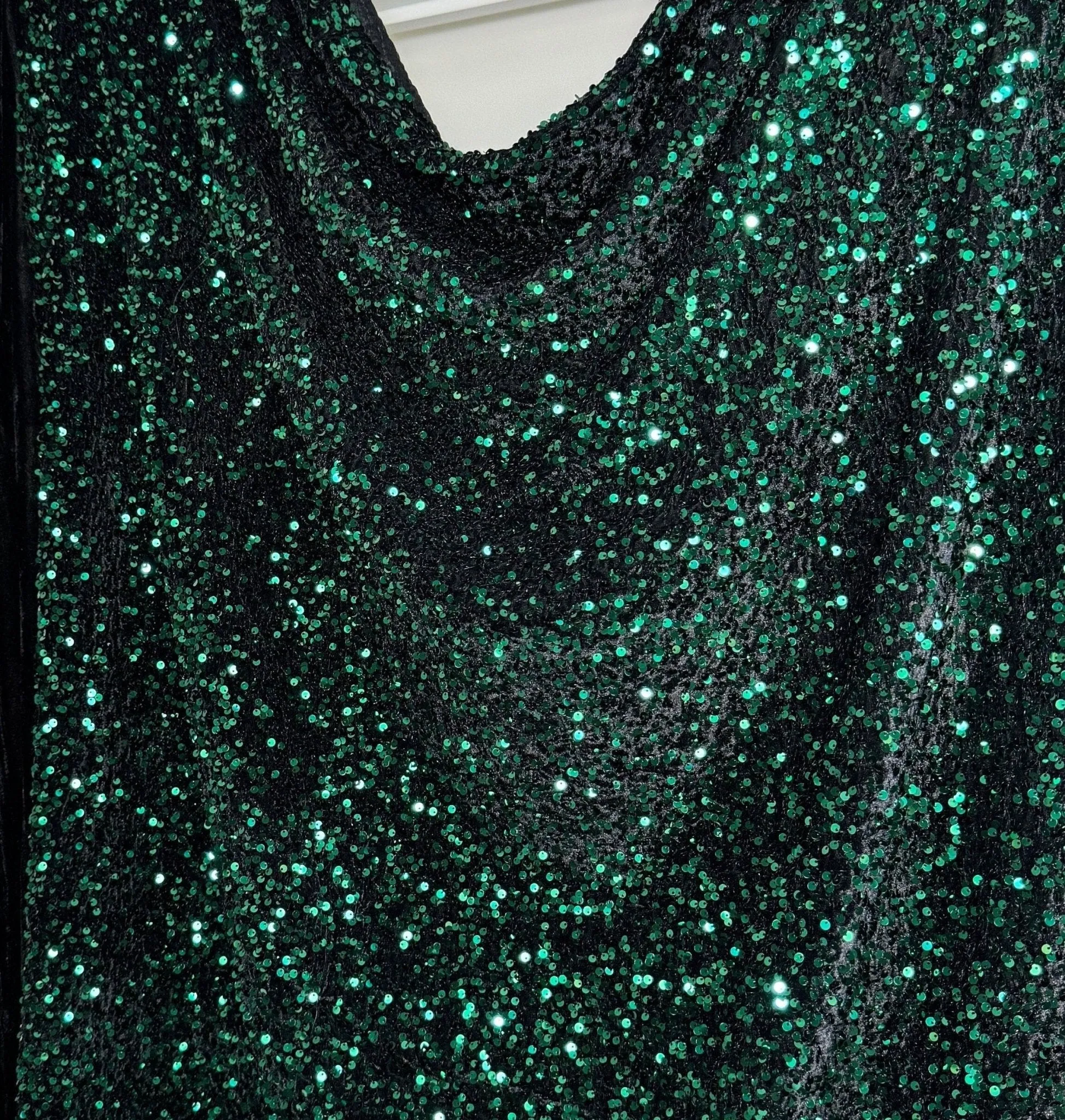 Hunter Green Sequins on Black Stretch Velvet Fabric