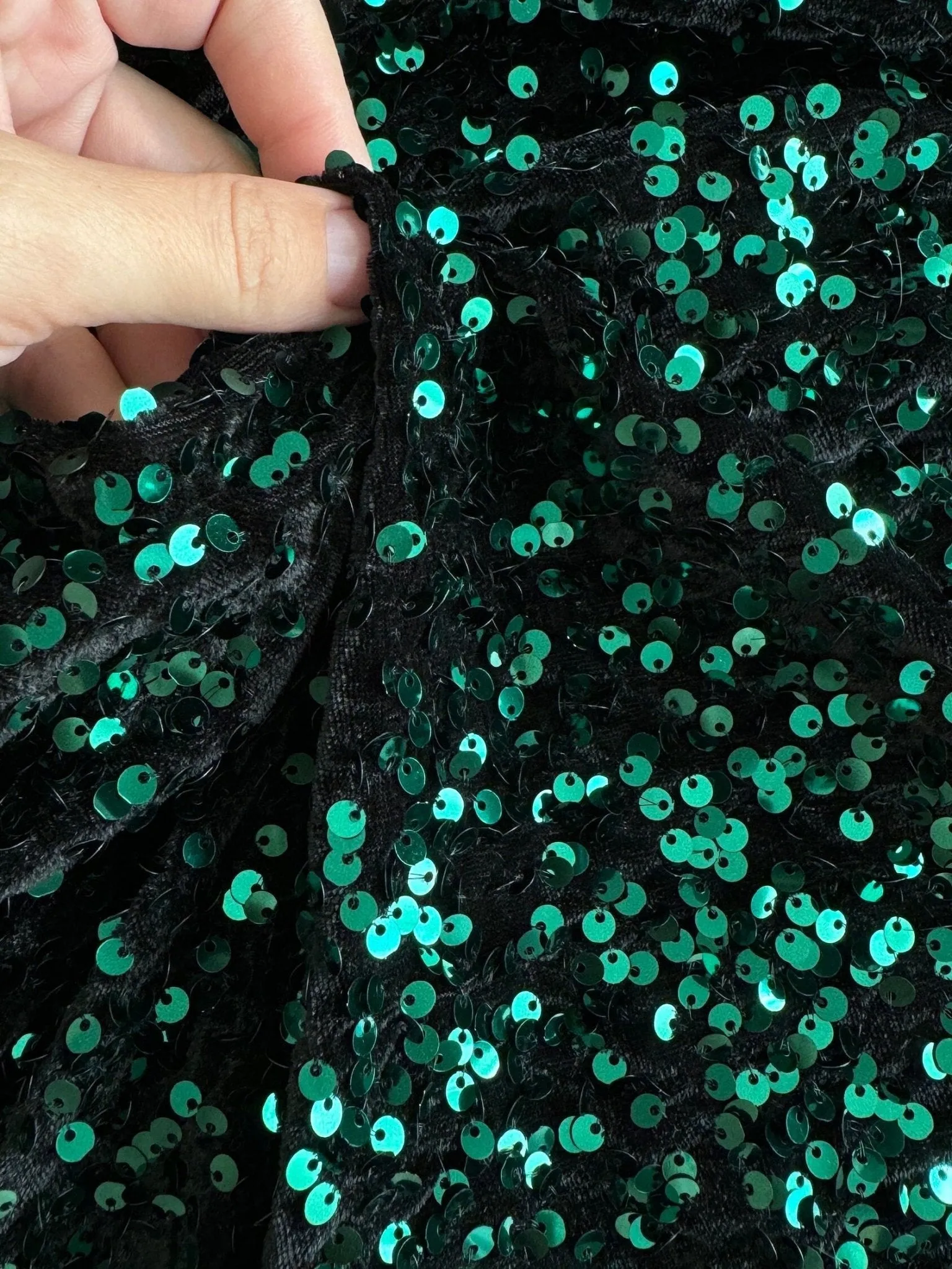 Hunter Green Sequins on Black Stretch Velvet Fabric