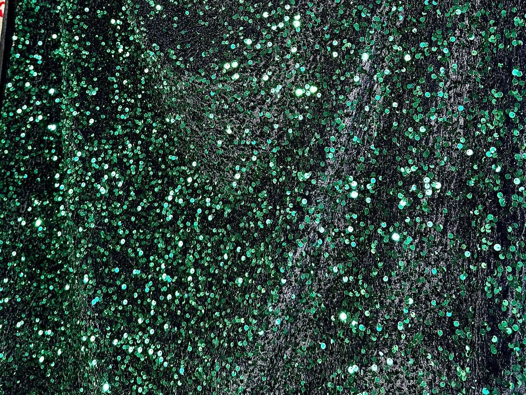 Hunter Green Sequins on Black Stretch Velvet Fabric