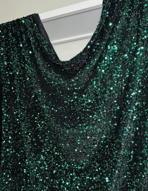 Hunter Green Sequins on Black Stretch Velvet Fabric