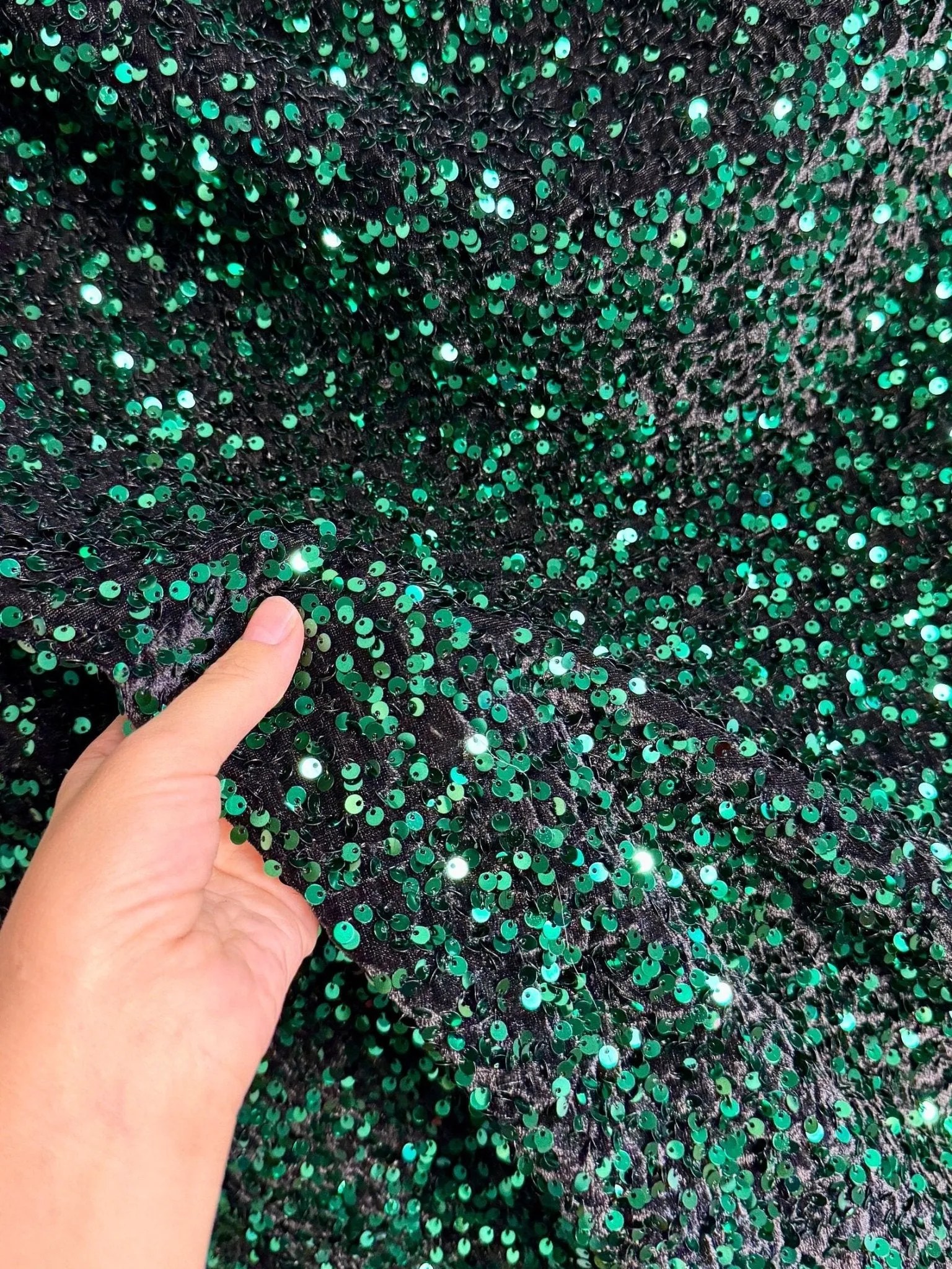 Hunter Green Sequins on Black Stretch Velvet Fabric