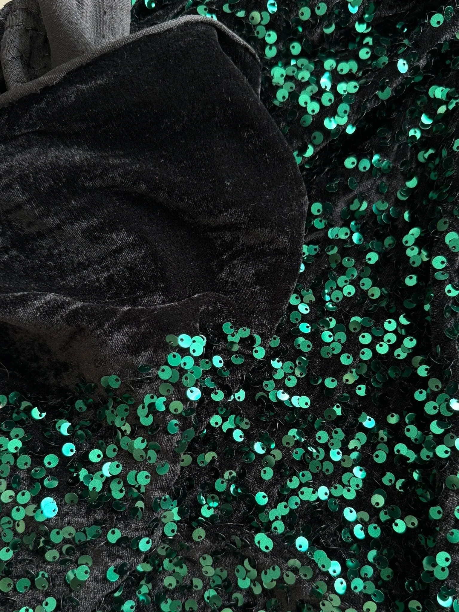 Hunter Green Sequins on Black Stretch Velvet Fabric