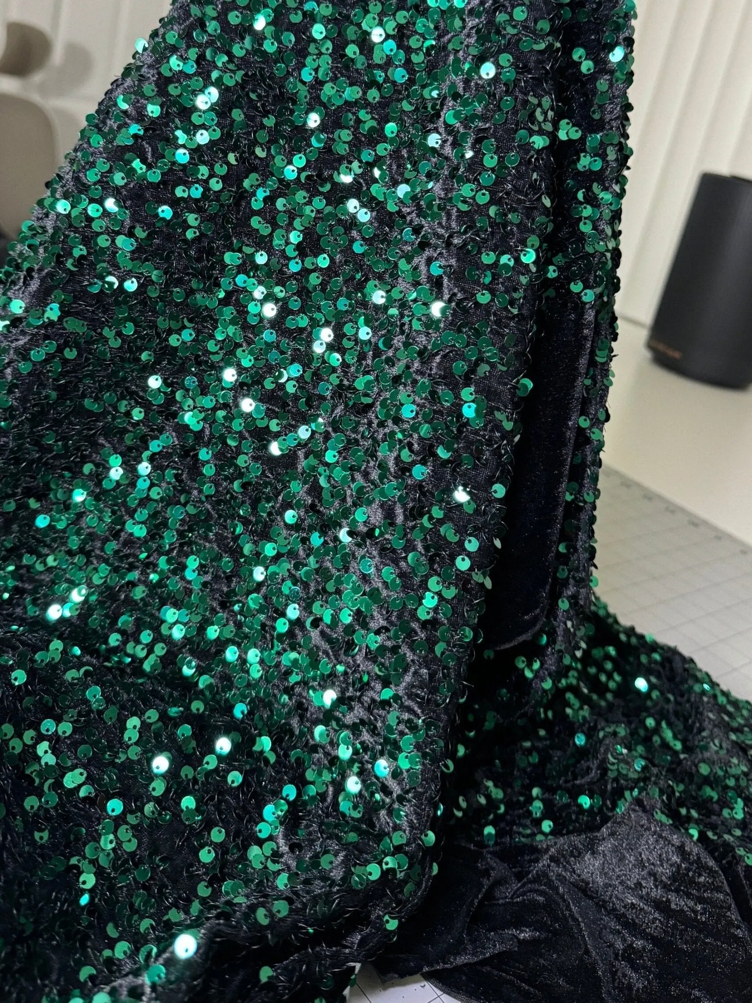 Hunter Green Sequins on Black Stretch Velvet Fabric