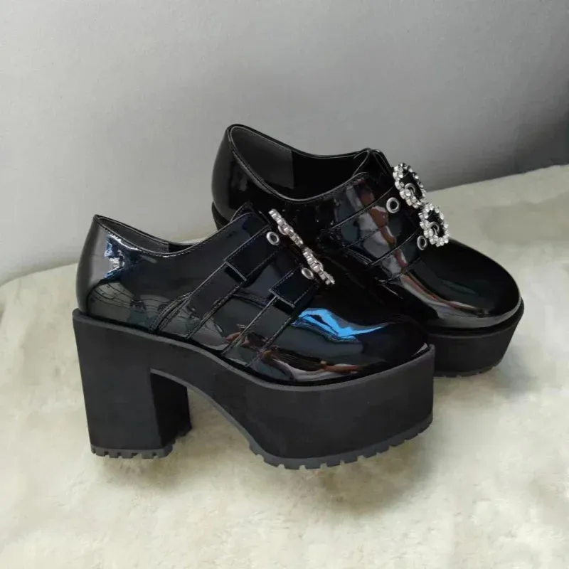 Japanese Mine Series Round Drill Buckle JK Patent Leather Shoes Student Mass-Produced Platform High Heels Uniform Women's Shoes