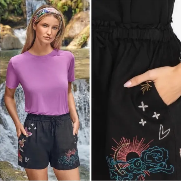 Johnny Was•$130•NWT‎ Monroe Linen Embroidered Shorts•Black•Sz XS