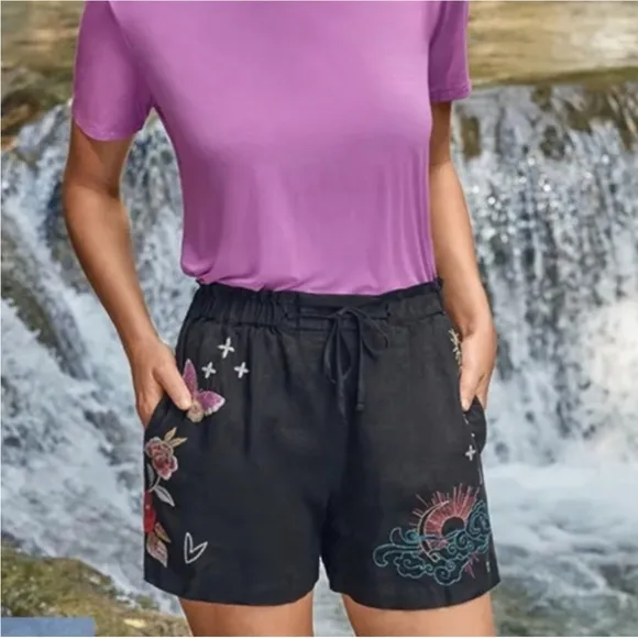 Johnny Was•$130•NWT‎ Monroe Linen Embroidered Shorts•Black•Sz XS
