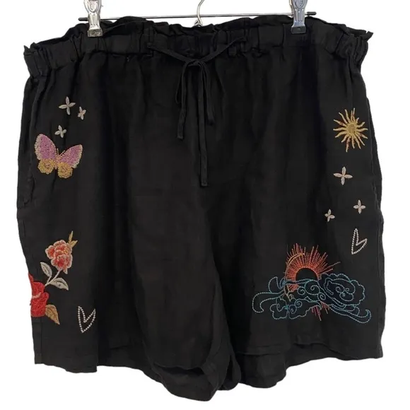 Johnny Was•$130•NWT‎ Monroe Linen Embroidered Shorts•Black•Sz XS