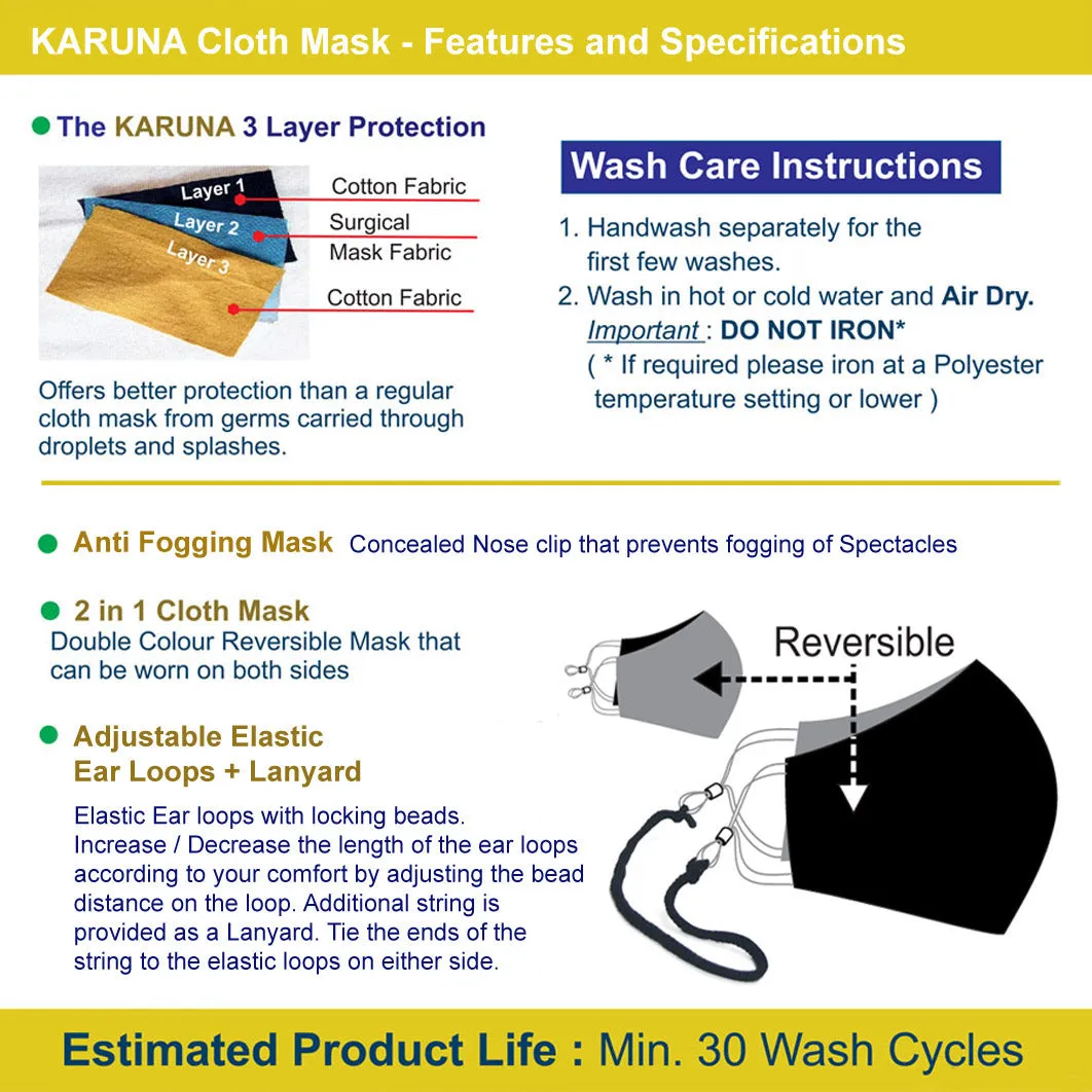 KARUNA 100% - Cotton Cloth Mask | Double Colored Reversible | 3 Layer Construction | Adult Size - Pack of 3