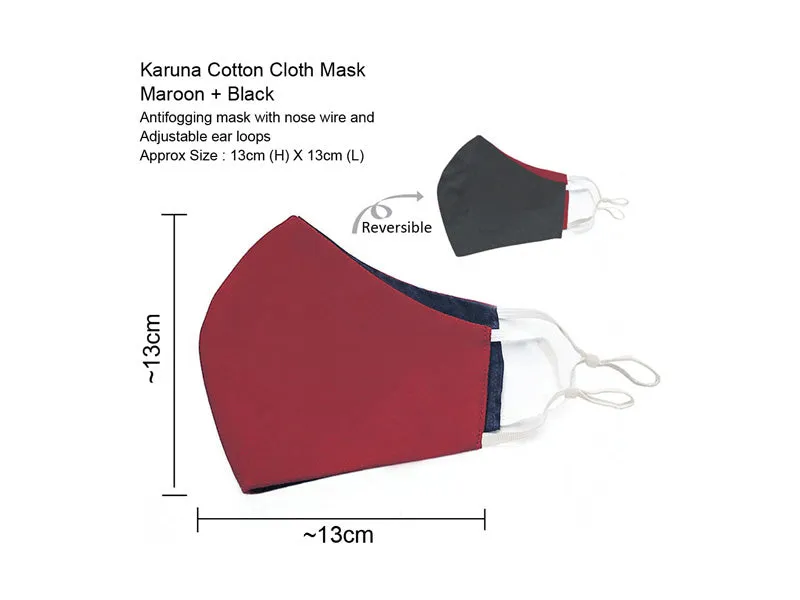 KARUNA 100% - Cotton Cloth Mask | Double Colored Reversible | 3 Layer Construction | Adult Size - Pack of 3