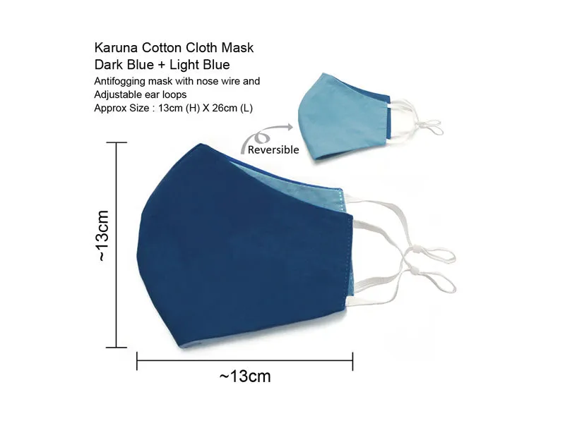 KARUNA 100% - Cotton Cloth Mask | Double Colored Reversible | 3 Layer Construction | Adult Size - Pack of 3