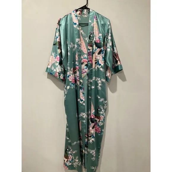 KIM   ONO Long multi colored peacock and floral Japanese inspired robe Kimono OS