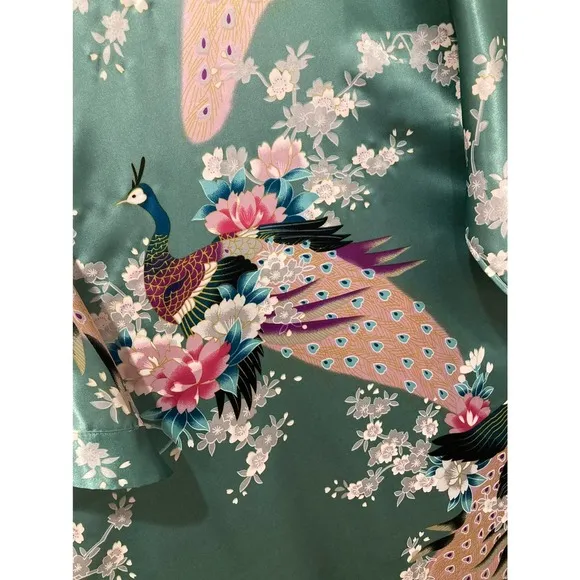 KIM   ONO Long multi colored peacock and floral Japanese inspired robe Kimono OS
