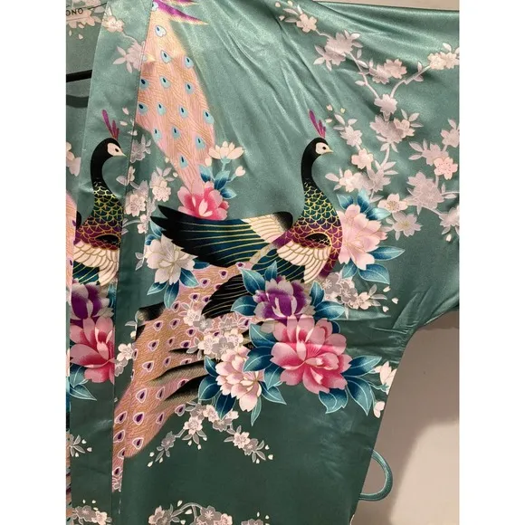 KIM   ONO Long multi colored peacock and floral Japanese inspired robe Kimono OS