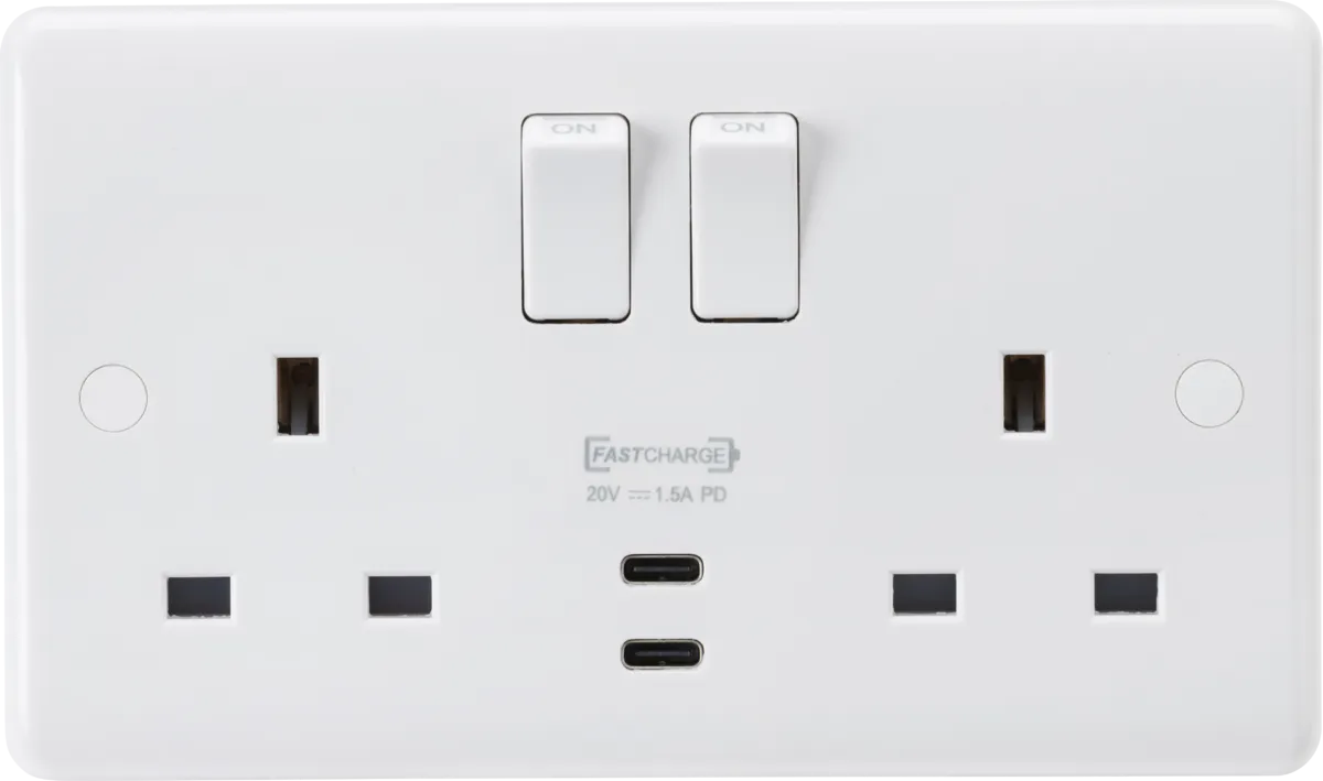 Knightsbridge CU9930 White Curved Edge 13A 2G DP Switched Socket   2xUSB-C 20V DC 1.5A (Max. 30W)