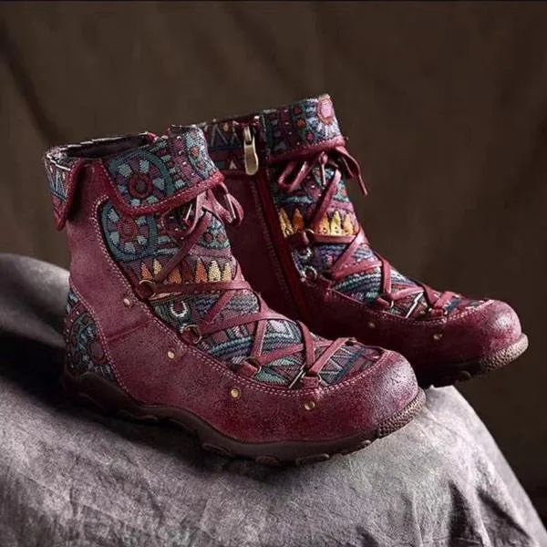 Ladies' Vintage Jacquard Stitching Short Martin Boots