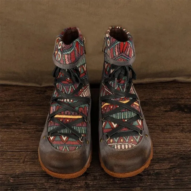 Ladies' Vintage Jacquard Stitching Short Martin Boots