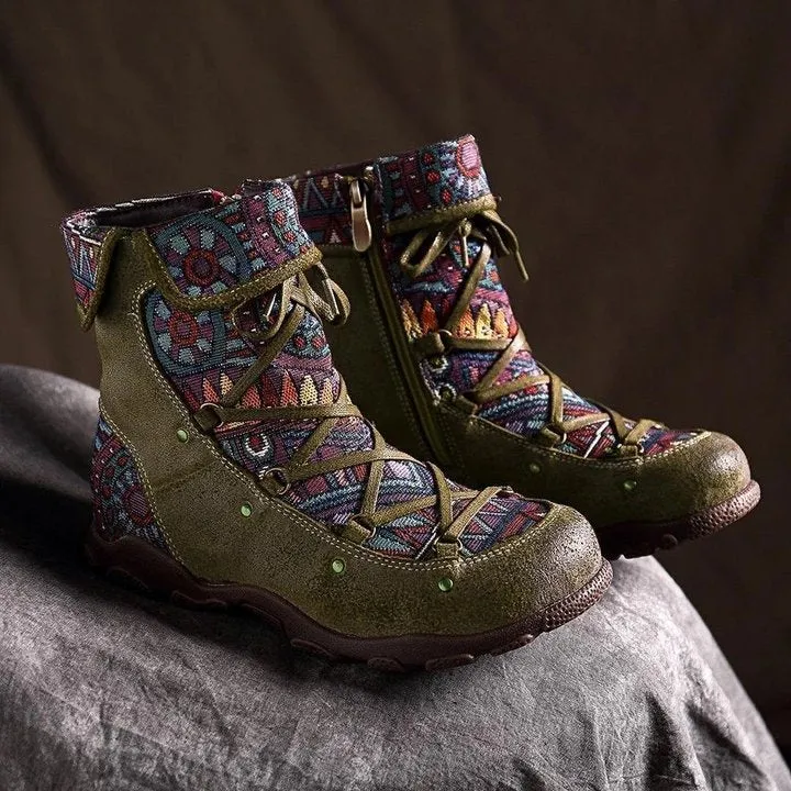Ladies' Vintage Jacquard Stitching Short Martin Boots