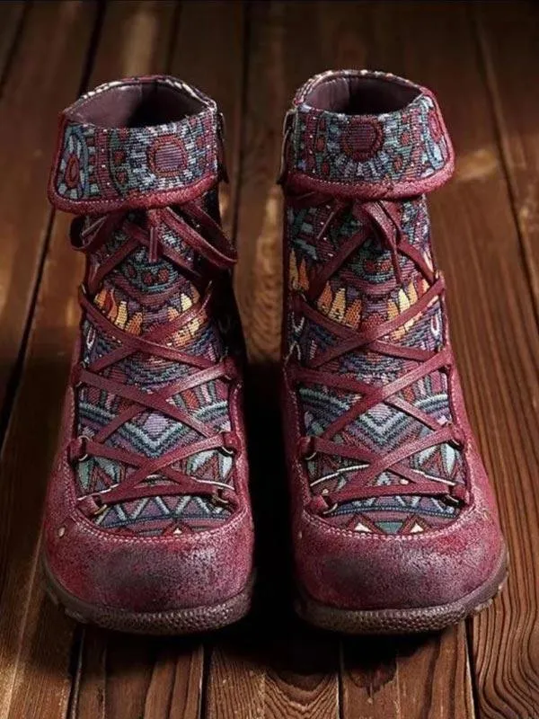 Ladies' Vintage Jacquard Stitching Short Martin Boots