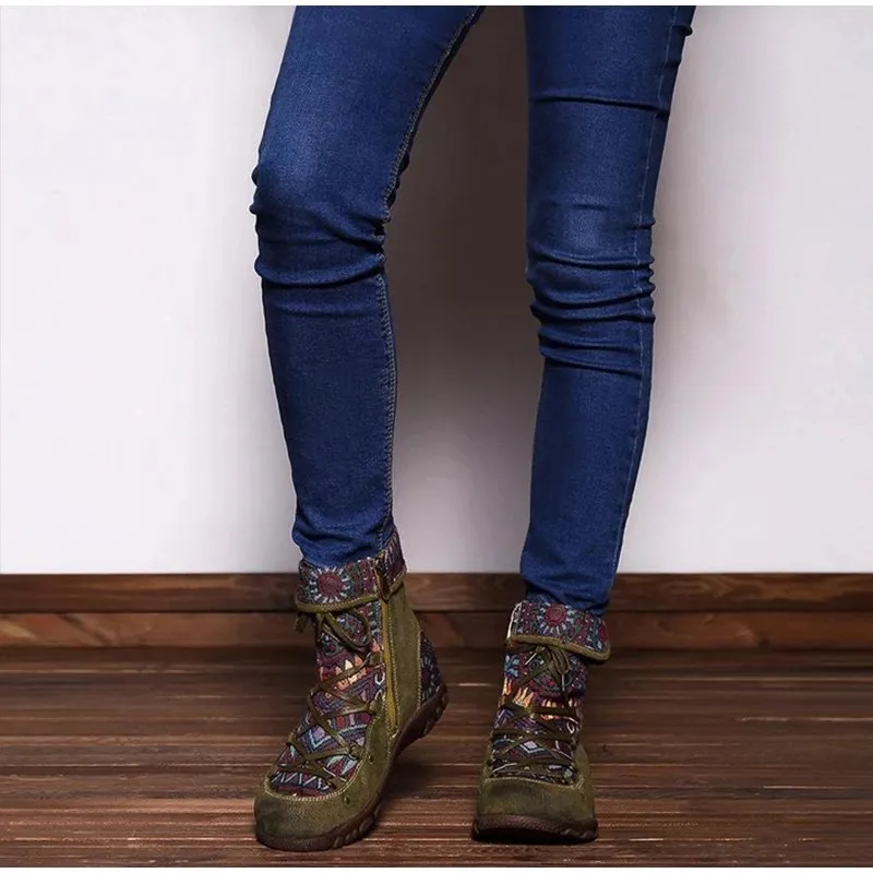Ladies' Vintage Jacquard Stitching Short Martin Boots