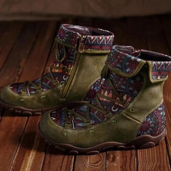 Ladies' Vintage Jacquard Stitching Short Martin Boots