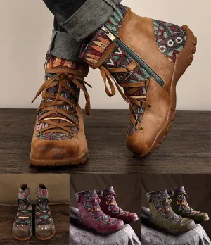 Ladies' Vintage Jacquard Stitching Short Martin Boots