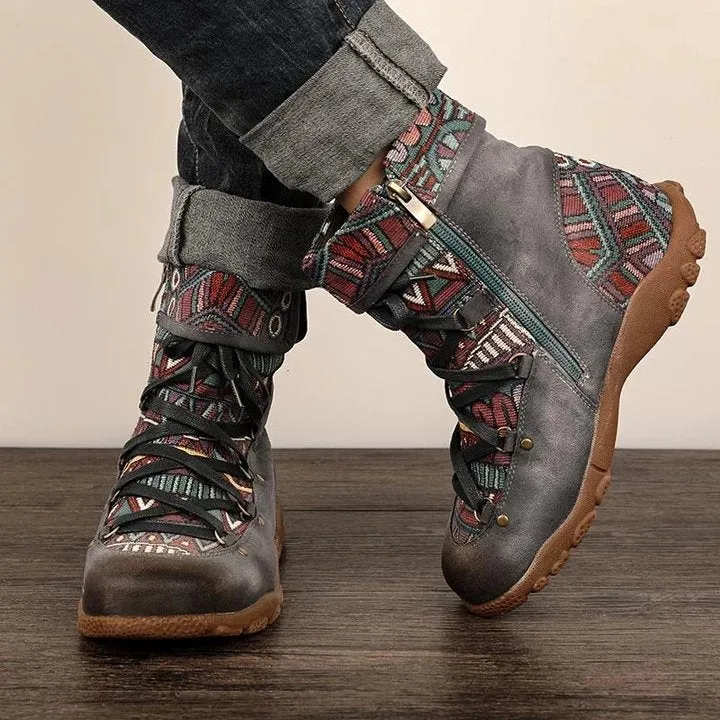 Ladies' Vintage Jacquard Stitching Short Martin Boots