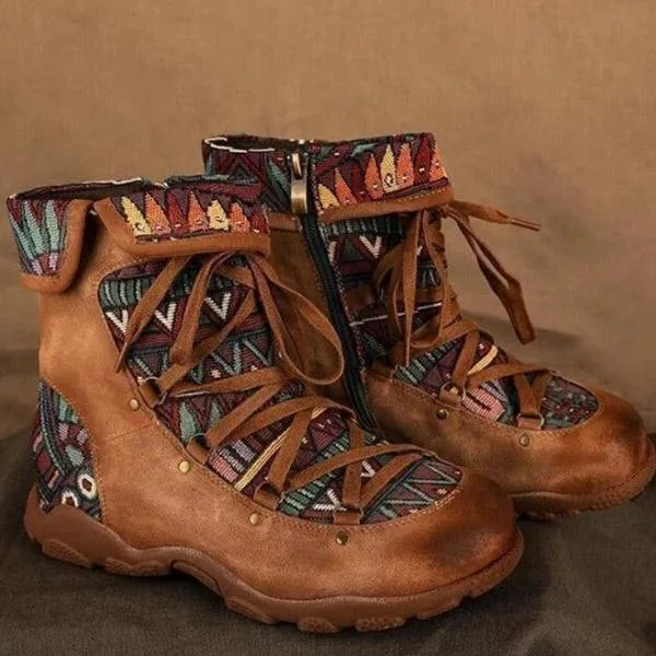Ladies' Vintage Jacquard Stitching Short Martin Boots