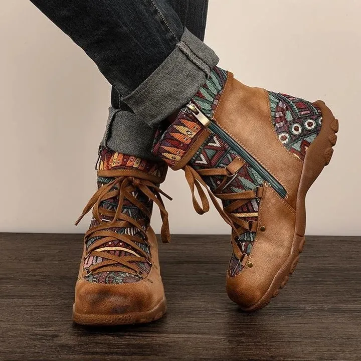 Ladies' Vintage Jacquard Stitching Short Martin Boots