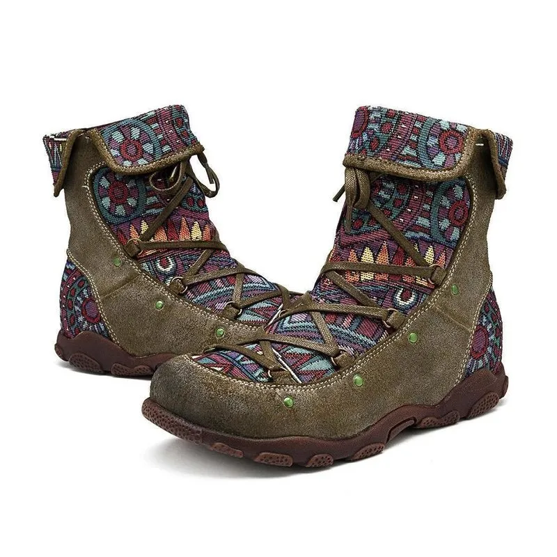 Ladies' Vintage Jacquard Stitching Short Martin Boots