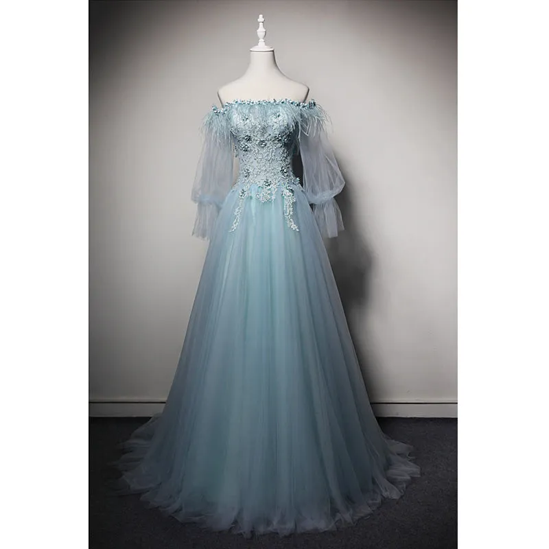 Light Blue Off Shoulder Long Sleeves Tulle Party Dress with Lace, A-line Blue Formal Dresses
