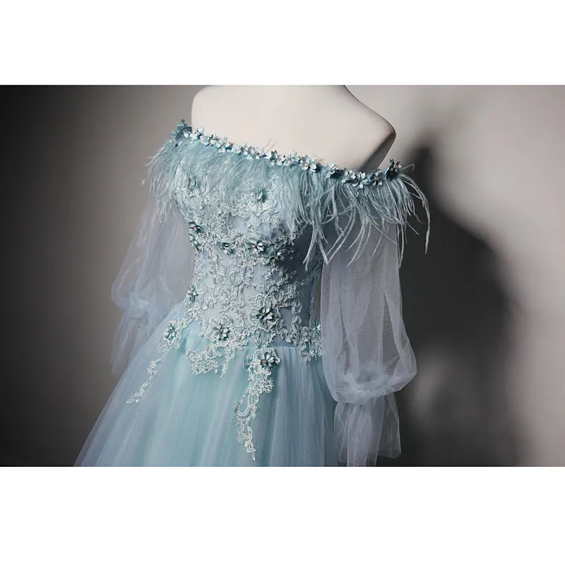 Light Blue Off Shoulder Long Sleeves Tulle Party Dress with Lace, A-line Blue Formal Dresses