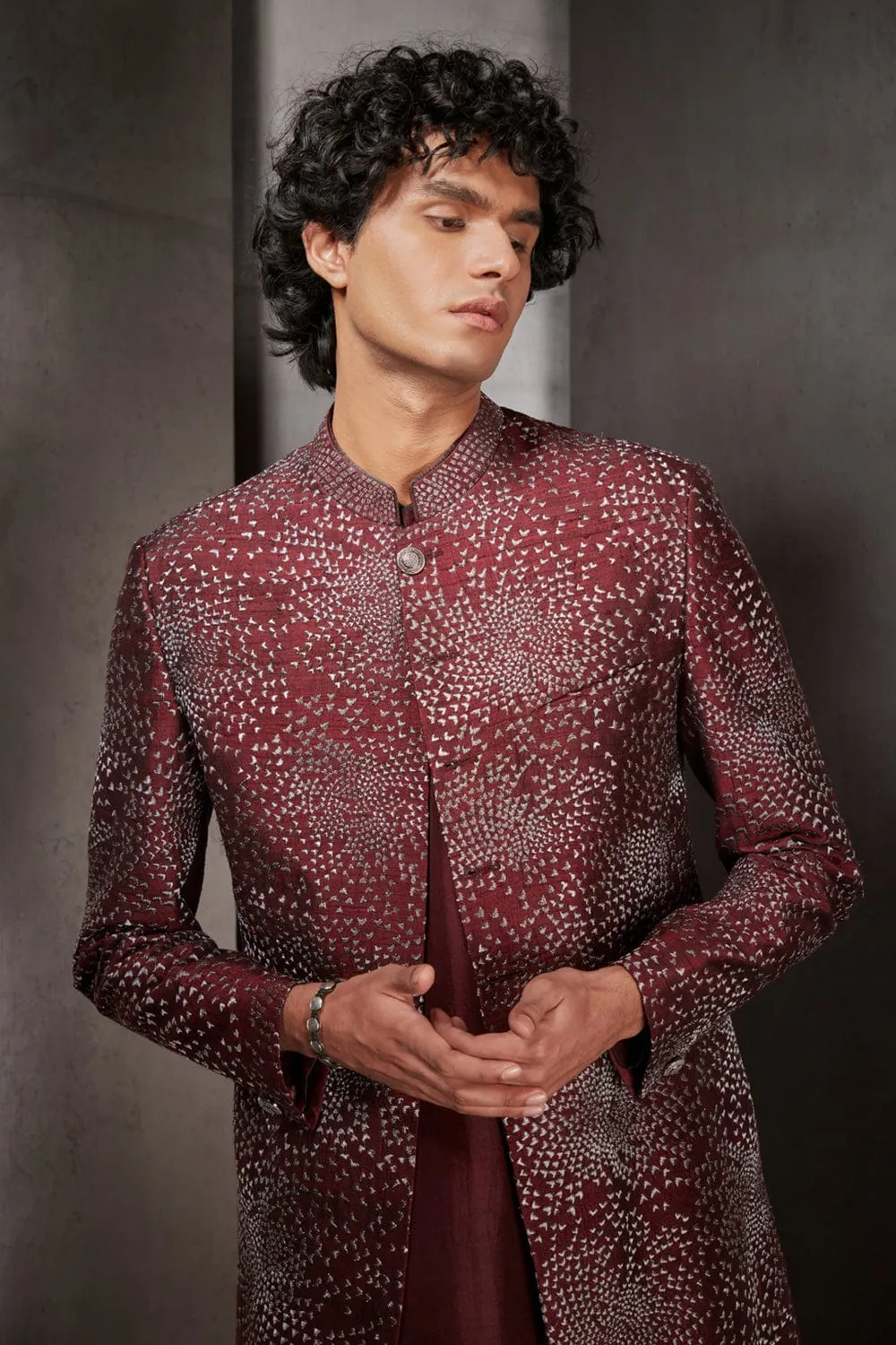 Maroon Mosaic Embroidered Long Bandgala