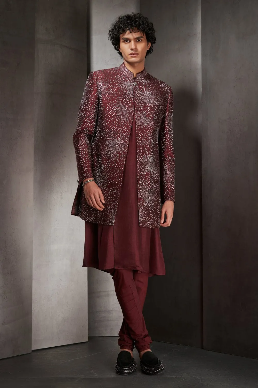 Maroon Mosaic Embroidered Long Bandgala