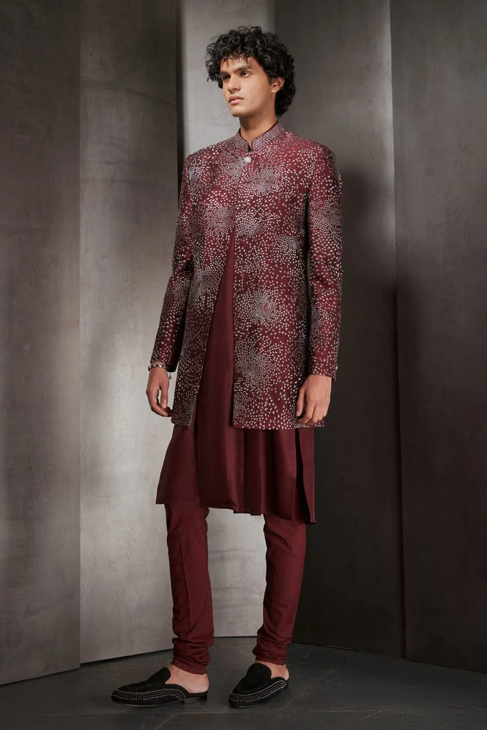 Maroon Mosaic Embroidered Long Bandgala