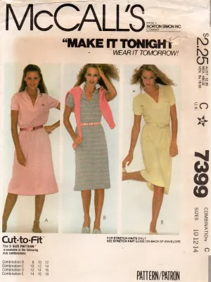 McCall's 7399 Womens EASY Stretch Knit Dresses 1980s Vintage Sewing Pattern Size 10 - 14 UNCUT Factory Folded