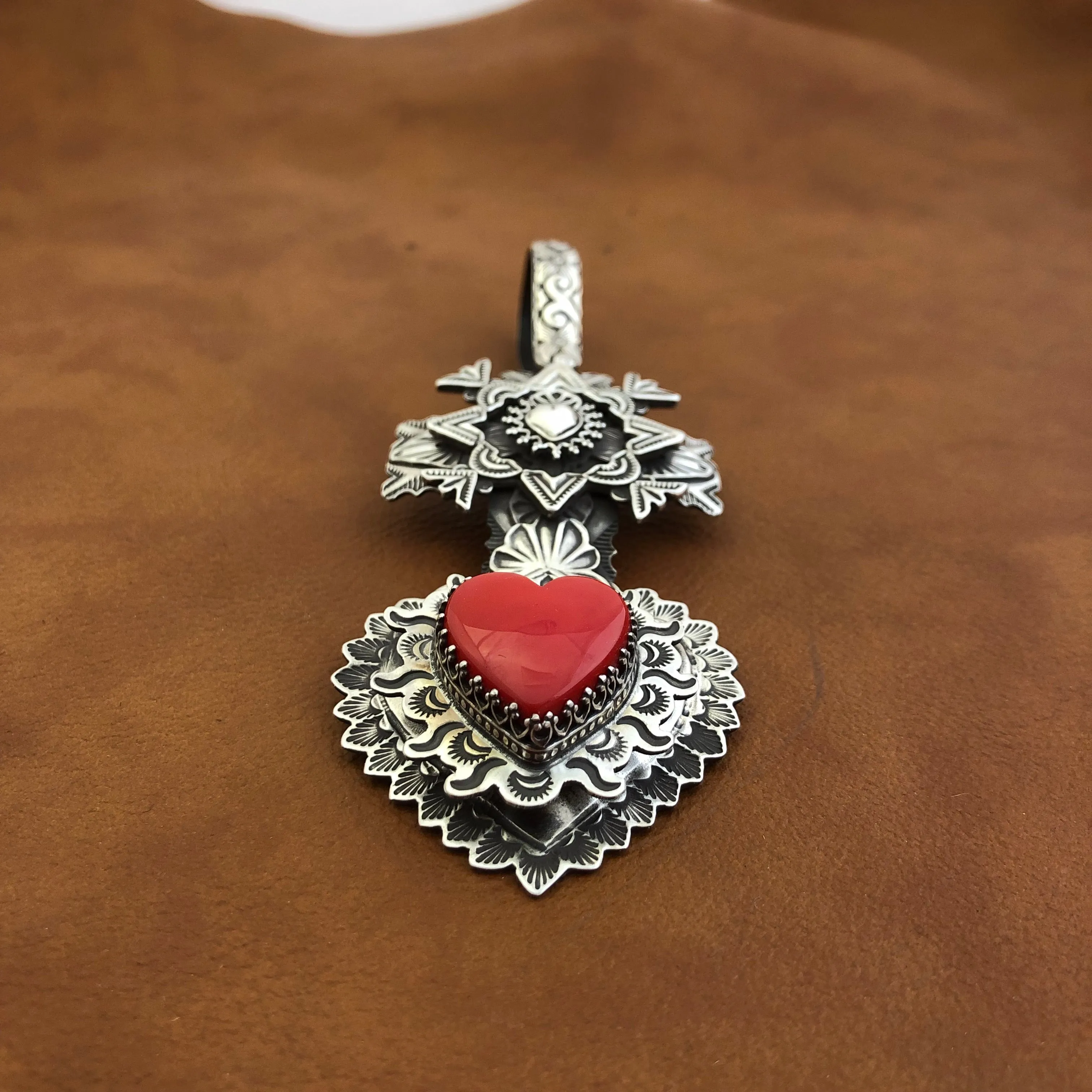 Multi Layer Cross Rosarita Heart Pendant