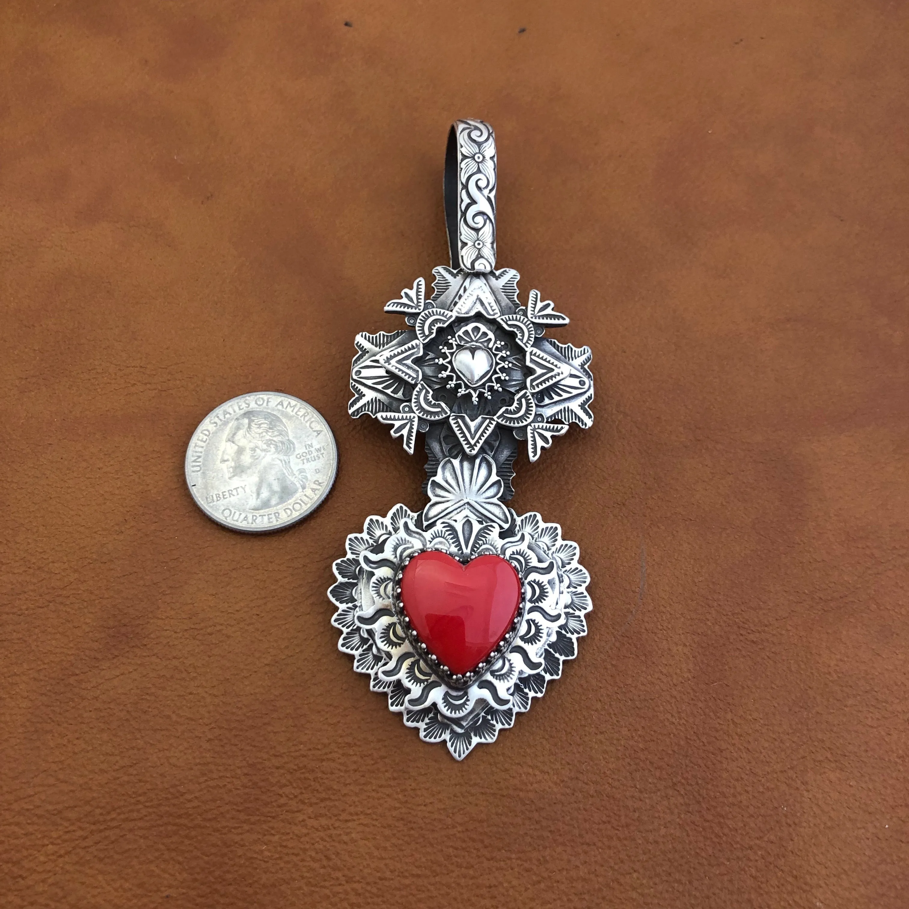 Multi Layer Cross Rosarita Heart Pendant